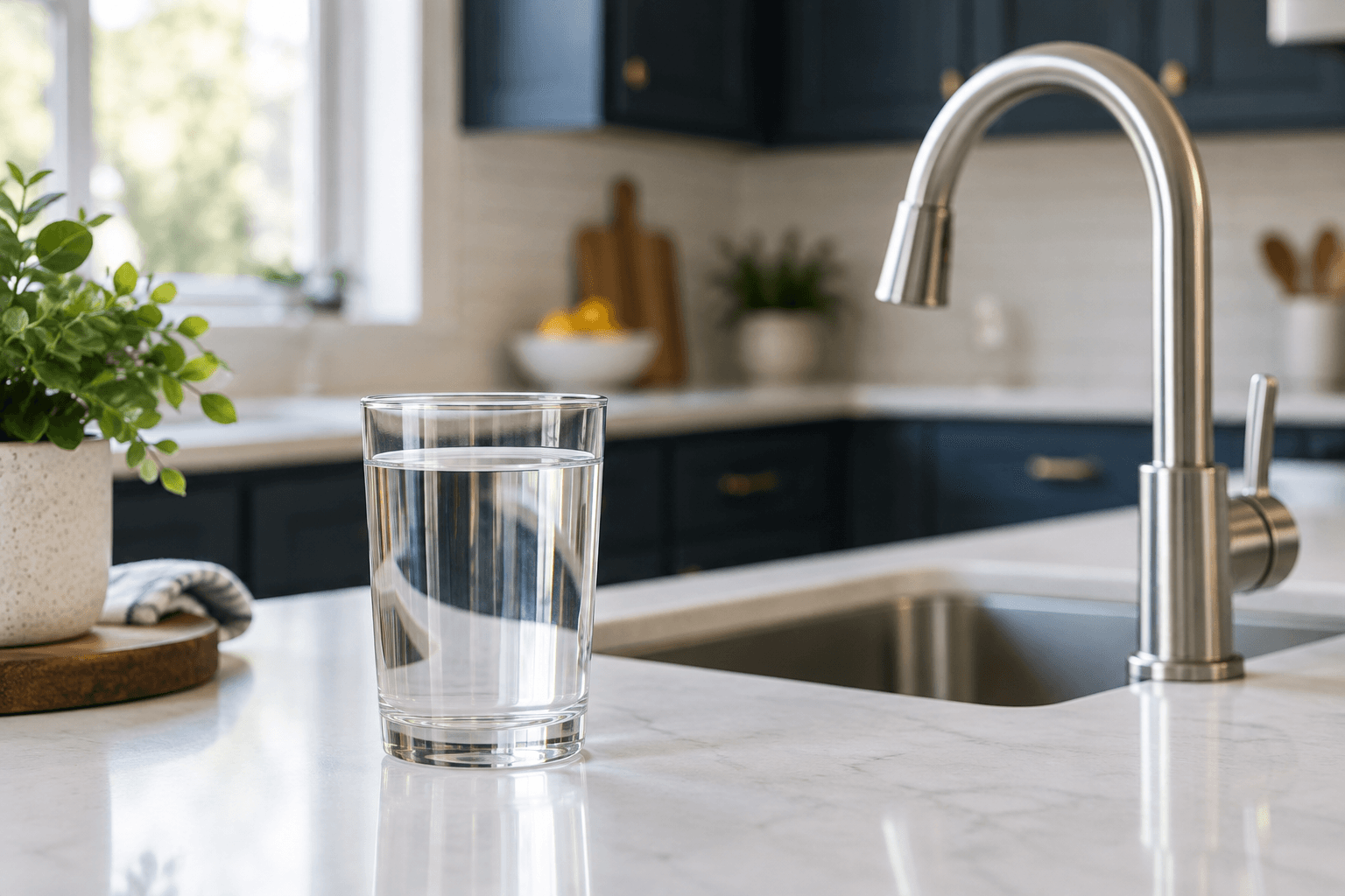 Glass of clear water on a sunlit kitchen counter beside a stainless steel faucet